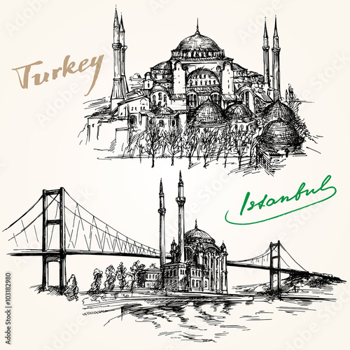 Bosporus Bridge. Hand drawn set. Istanbul, Turkey.