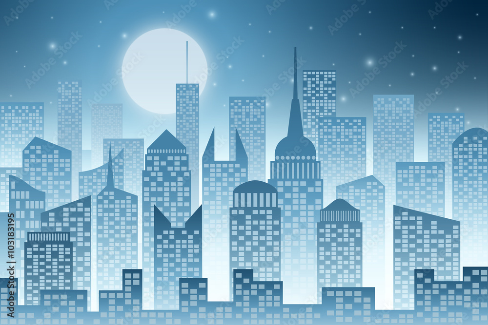 A Cityscape with Skyscrapers and Moon