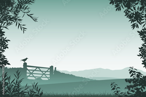 Landscape with Farm Gate and Floral Border and Leaves