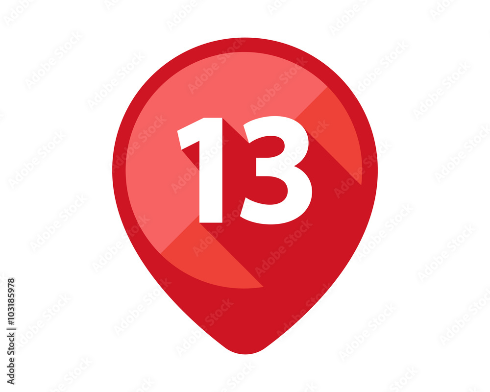 Flat Icons with long shadow. Red pin calendar number 13 Flat Icons with long shadow. Red pin calendar number 13