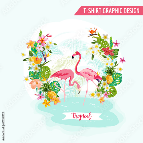 Tropical Graphic Design - Flamingo and Tropical Flowers - for t-sirt
