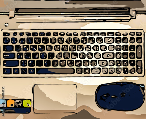 Abstract Top View of Laptop Keyboard and Black Mouse used as Template