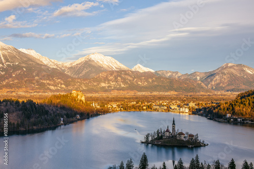 Panoramic view on forest, mountains and lake Bled in Slovenia © at_shoots