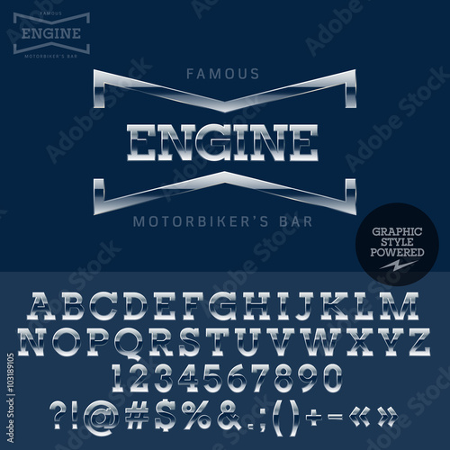 Chrome logotype for retro motor show. Vector set of letters, numbers and symbols.