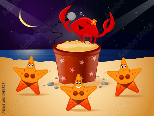 Cartoon scene of crab and stars singing performing on the beach vector illustration