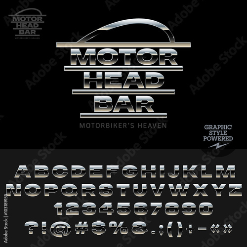 Silver emblem for elite rockers club. Vector set of letters, numbers and symbols.