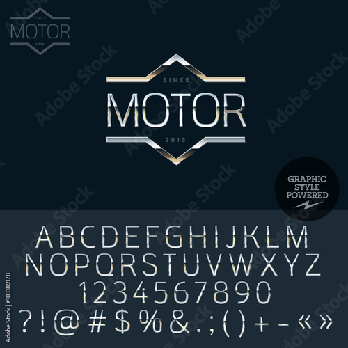 Silver logotype for luxury car shop. Vector set of letters, numbers and symbols.