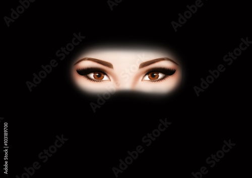 mysterious woman, with bright make up, black veil 