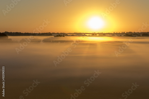 Aerial sunrise or sunset with fog or mist at the treetops in the rural countryside looking moody dramatic beautiful meditative relaxing tranquil peaceful 