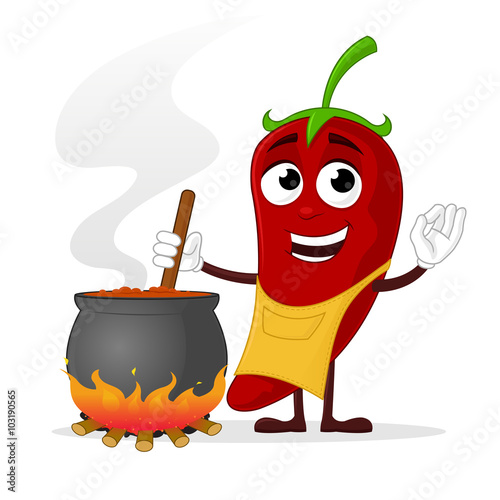 Happy chili pepper mascot cooking chili