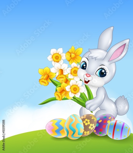 Cartoon happy bunny holding flower with colourful Easter eggs