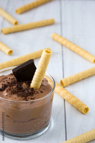 Fresh chocolate mousse and wafer
