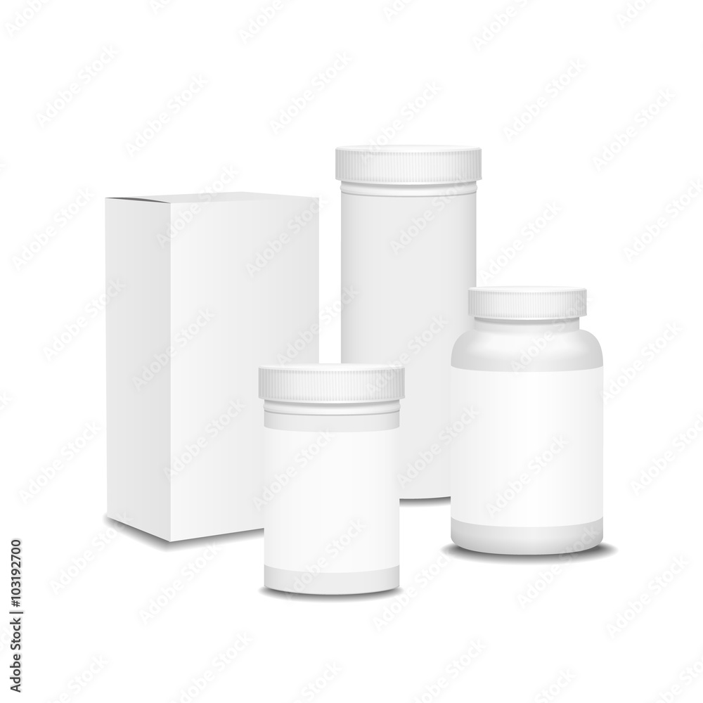 Blank set of plastic packaging bottles with box for pills, Vitamins or Capsules Blank set of plastic packaging bottles with box for pills, Vitamins or Capsules