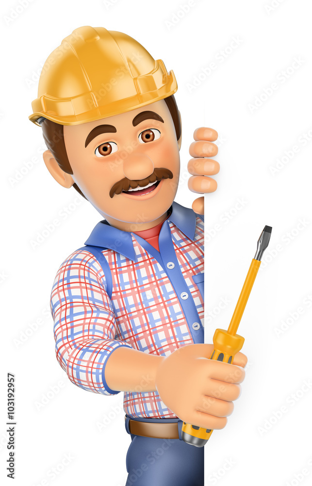 3D Electrician with a screwdriver pointing aside. Blank space
