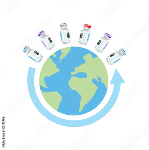 Vector image of vaccine vials with a globe and arrow
