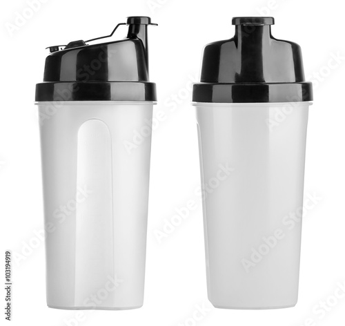 Plastic shaker isolated on white background with clipping path. Shaker for sport food cocktail. Black and white. Sport and healthy drink. photo