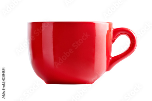 Big red mug in front view. Red cup for tea juice or soup. Red cup isolated on white background with clipping path.