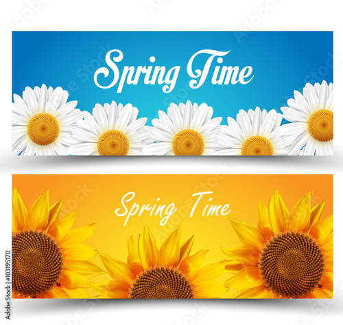 Fototapeta Naklejka Na Ścianę i Meble -  Labels with spring flowers a set of two. Vector illustration.