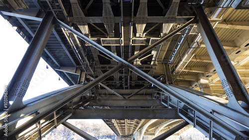Photography Details of steel bridge and reflection in water of moscow river