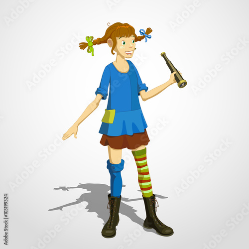Illustration of Girl with spyglass in hand. Vector 