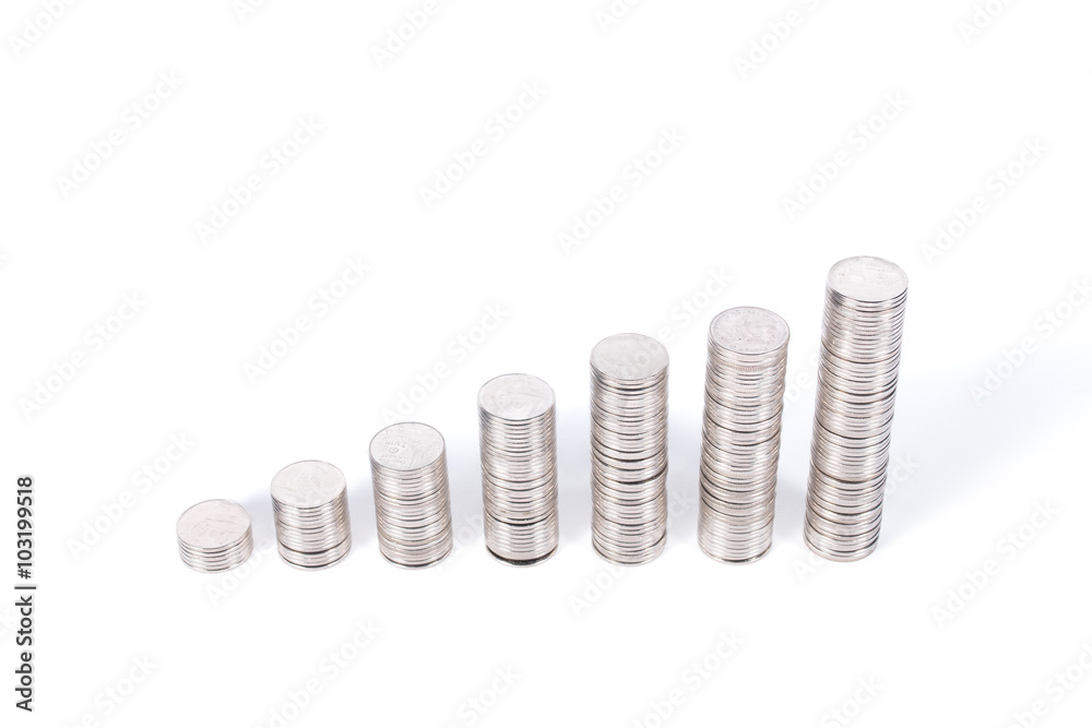 seven coins towers increasing as a graph isolated on white background. seven stacks referring to day in week. angle of depression view. seven coins towers increasing as a graph isolated on white background. seven stacks referring to day in week. angle of depression view.