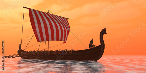 Viking Longship Ventures - A Viking longboat sails through ocean calm waters to their destinations for trade goods. photo