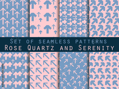 Set of seamless patterns with arrows. Rose quartz and serenity violet colors. For wallpaper, bed linen, tiles, fabrics, backgrounds. Vector illustration.