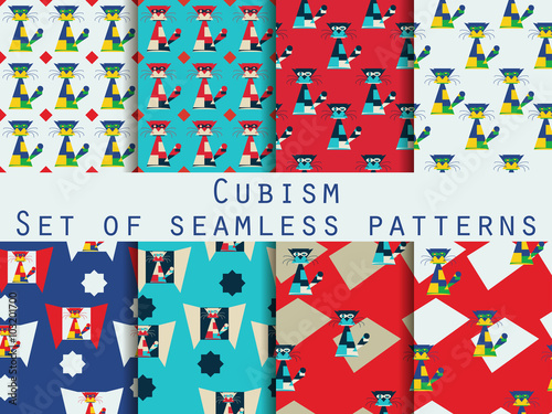 Cat in the Cubisme style. Modern art. Set of seamless patterns. Vector.