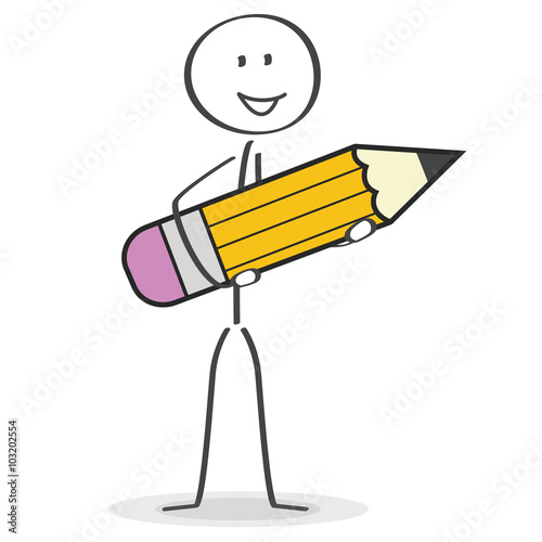 Strichmännchen freut sich mit Bleistift in der Hand