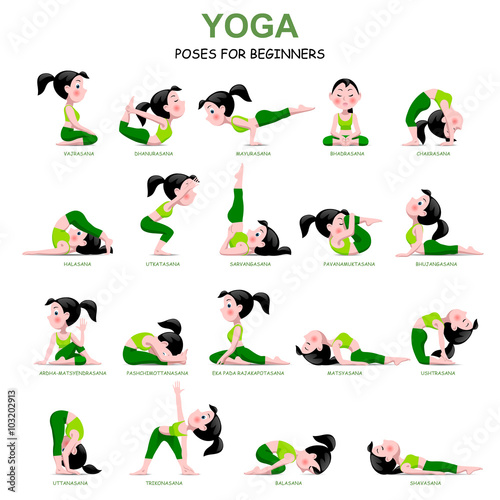 Cartoon girl in Yoga poses with titles for beginners isolated on