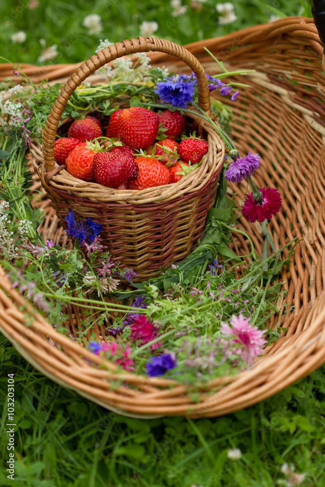 спелые красные ягоды клубники лежат в плетенной корзине  на фоне листьев и цветов разноцветных полевых васильков