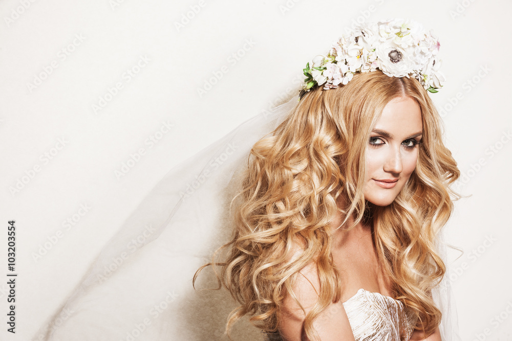 Portrait of affectionate blond woman. Beautiful bride with wedding makeup, hairdo and wedding decorations. Wedding ideas and bridal style. Portrait of affectionate blond woman. Beautiful bride with wedding makeup, hairdo and wedding decorations. Wedding ideas and bridal style.