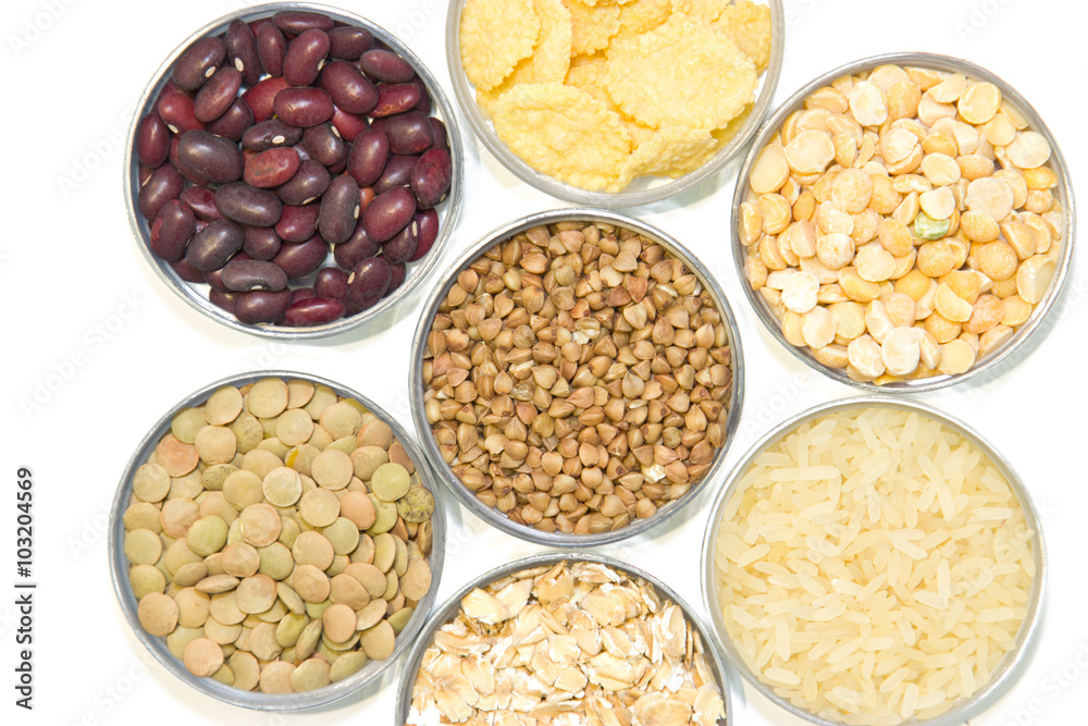 Cereals on a white background: buckwheat, oatmeal, cereal, rice, Cereals on a white background: buckwheat, oatmeal, cereal, rice,