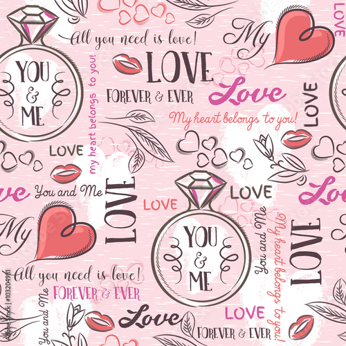 pink background with  valentine heart , flower, engagement ring