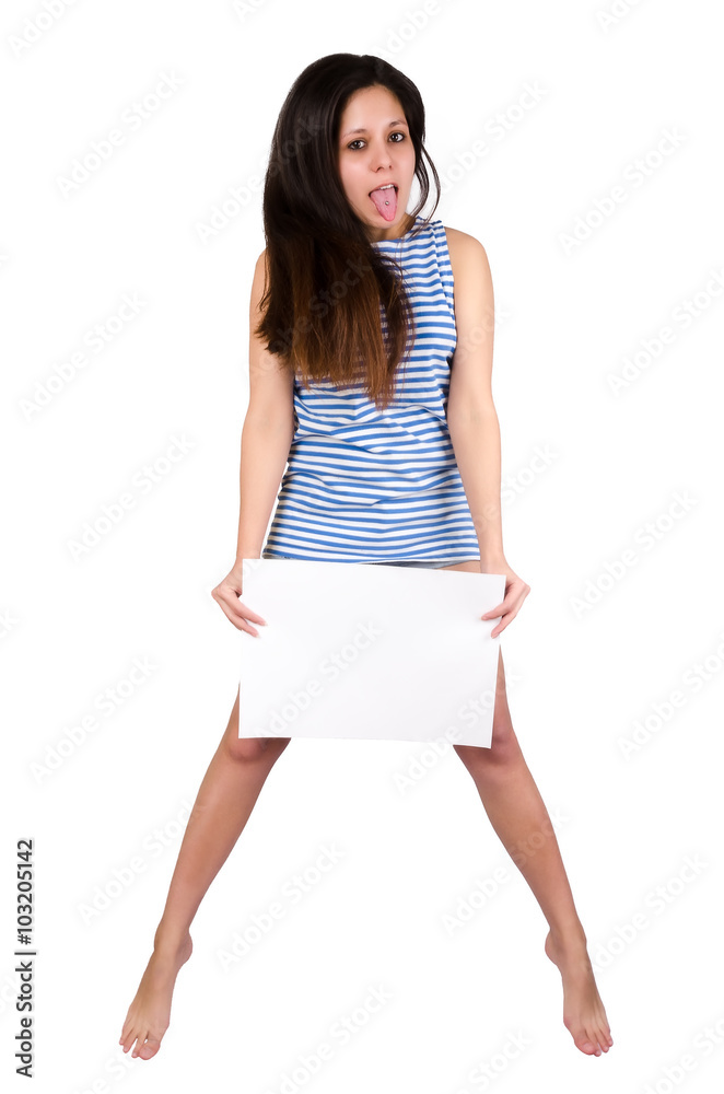 Portrait of happy smiling young woman in blue casual smart clothing, showing empty blank signboard with copyspace area for text or slogan, isolated against white background