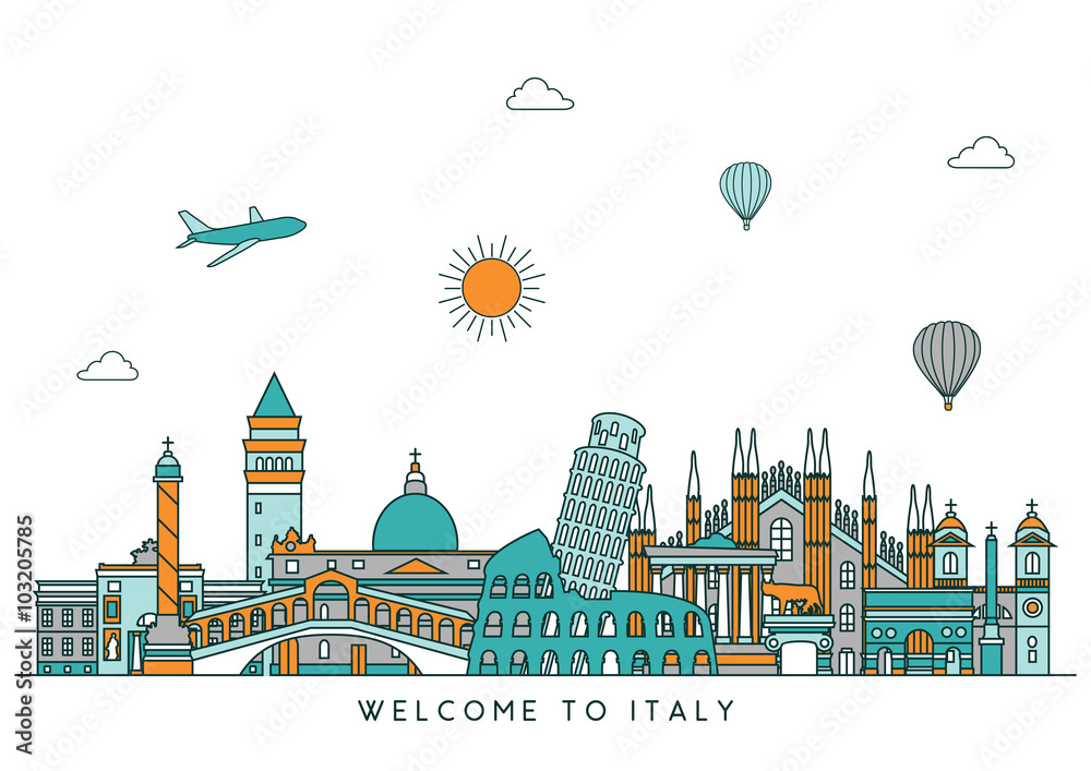 Italy skyline detailed silhouette. Vector background. line illustration. Line art style