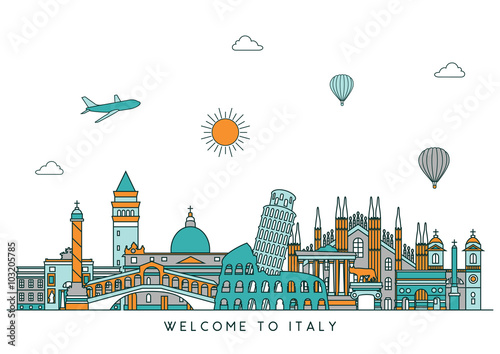 Italy skyline detailed silhouette. Vector background. line illustration. Line art style