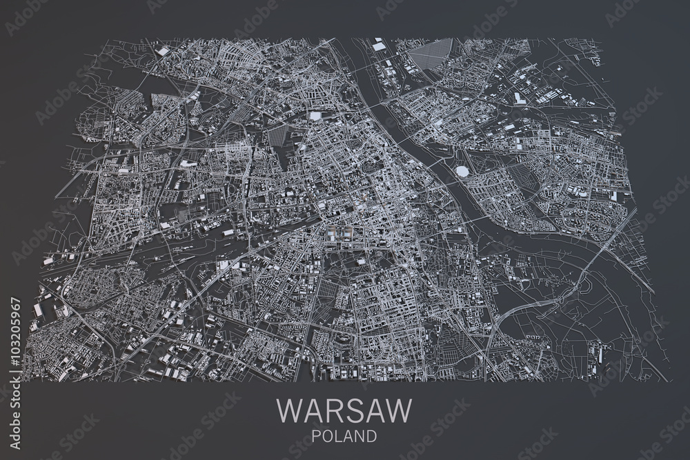 Fototapeta premium Mapa Warszawy, widok satelitarny, miasto, Polska