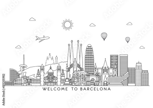 Barcelona skyline detailed silhouette. Vector line illustration