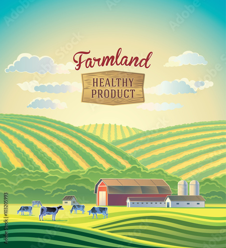 Rural landscape with farm and a herd of cows. Farmland. 