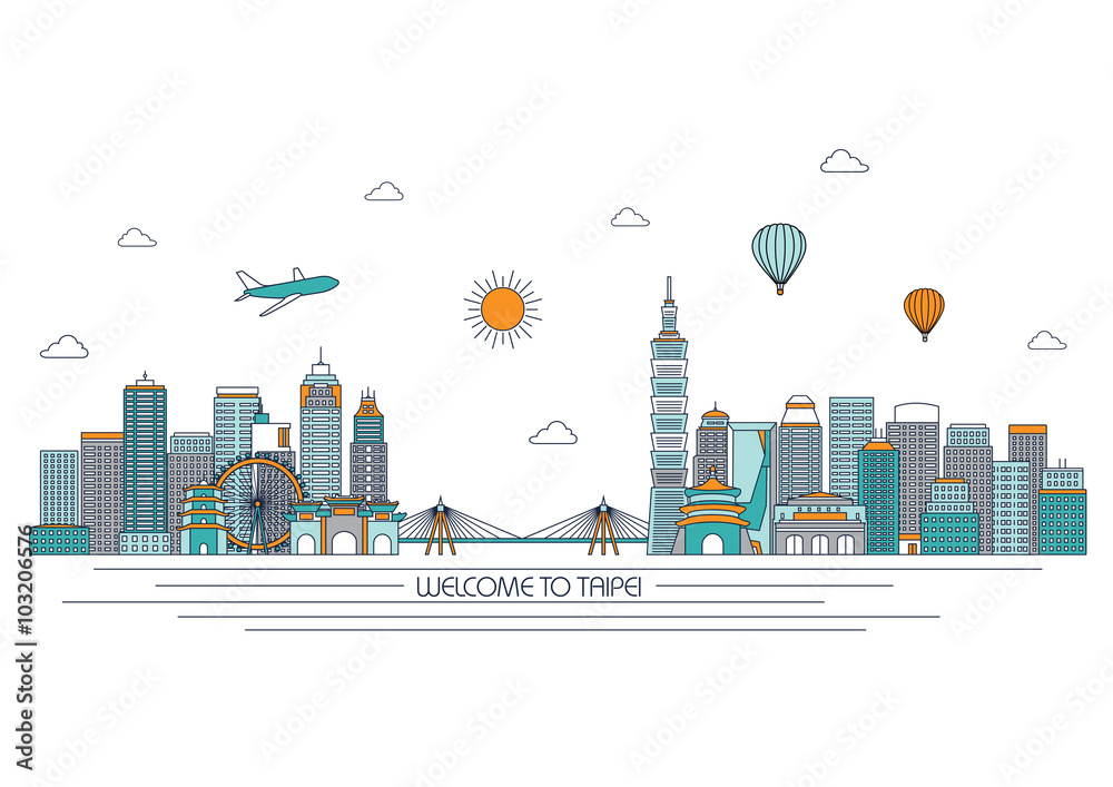 Fototapeta premium Szczegółowe panoramę Tajpej. Tło podróży i turystyki. Tło wektor. ilustracja linii. Styl linii