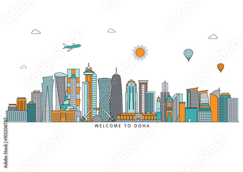 Doha detailed Skyline. Travel and tourism background. Vector background. line illustration. Line art style