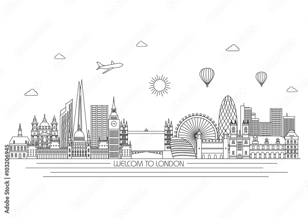Fototapeta premium London detailed Skyline. Travel and tourism background. Vector background. line illustration. Line art style