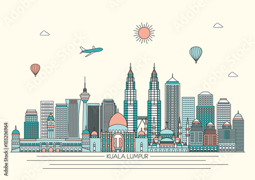 Kuala Lumpur detailed Skyline. Travel and tourism background. Vector background. line illustration. Line art style
