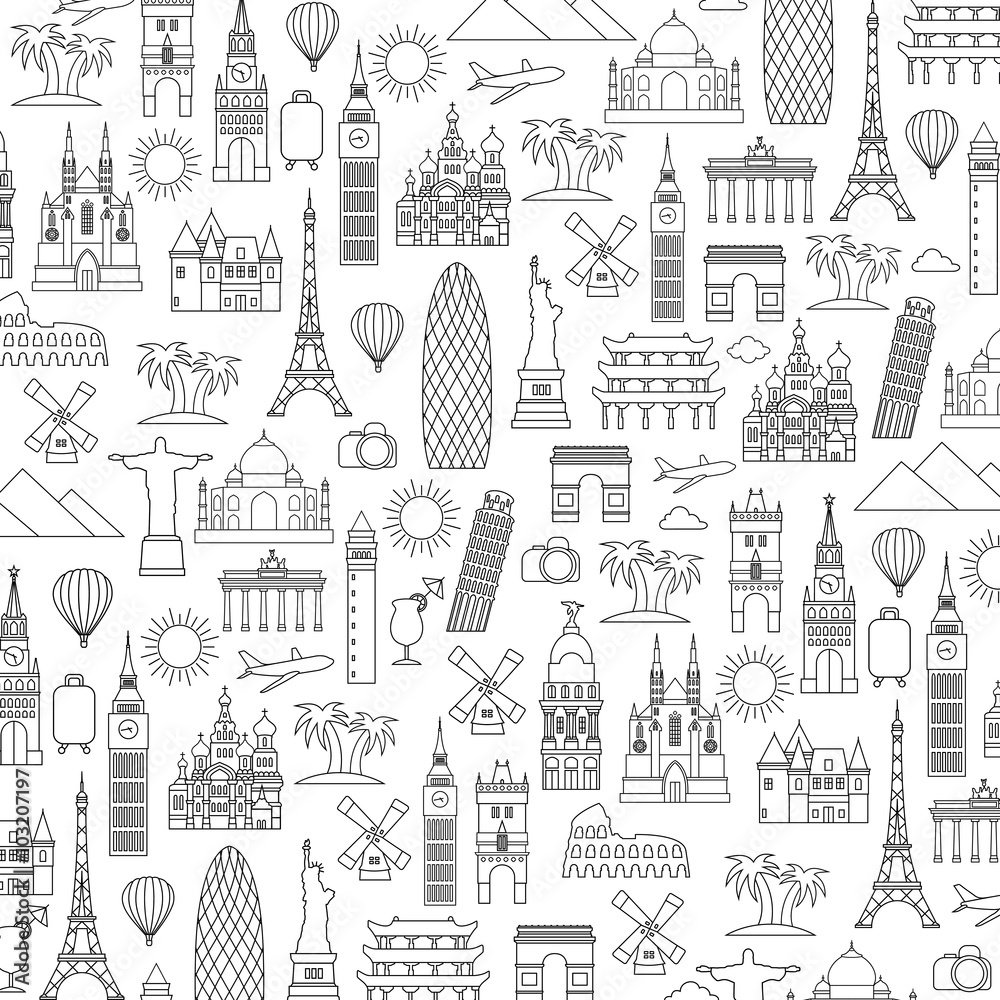 Travel and tourism detailed Skyline. Travel and tourism background. Vector background. line illustration. Line art style