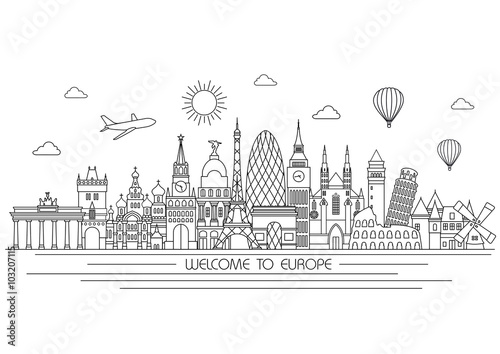 Europe detailed Skyline. Travel and tourism background. Vector background. line illustration. Line art style