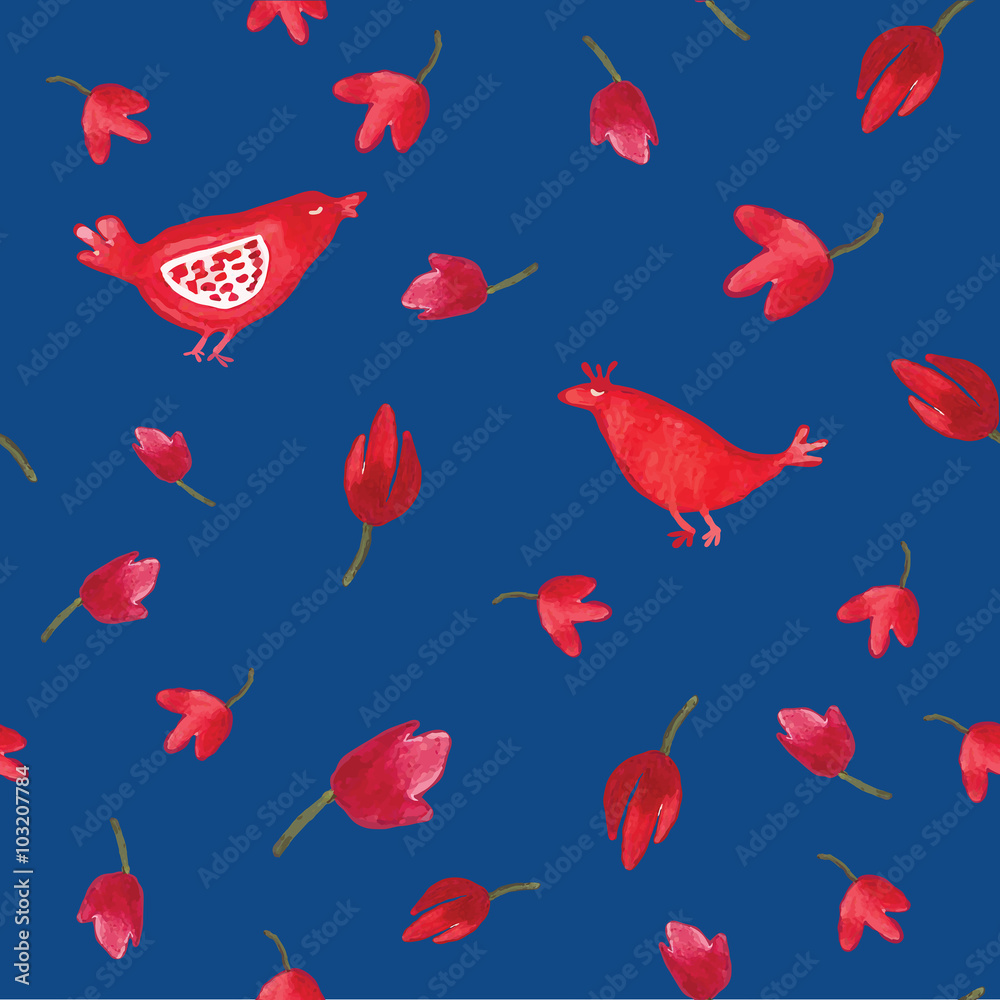 Watercolor red birds and flowers on blue background seamless pat Watercolor red birds and flowers on blue background seamless pat