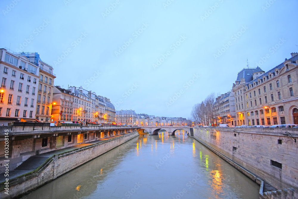 Paris, France, February 9, 2016: river Sena at night in Paris, France,