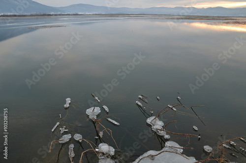  winter, morning light, ice, Cerknica intermittent lake, a protected area, disapering lake,