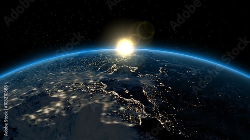 Planet Earth. Sunrise over Europe in space.